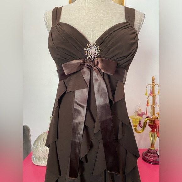 VTG Y2K CACHE BROWN WATERFALL RUFFLE DRESS SIZE 6 - Picture 2 of 6